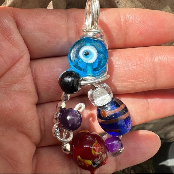 Evil eye necklace pendant OOAK Art to wear handmade assemblage Beaded 2204 S - Picture 6 of 7